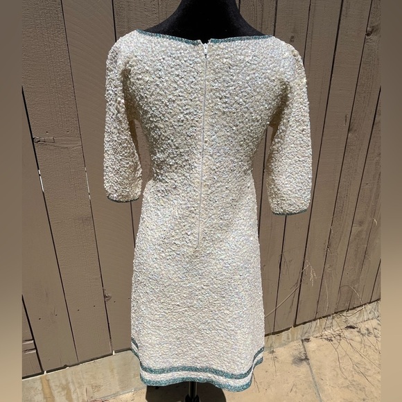 Vintage Gene Shelly’s Boutique White Sequin Blue Bead Rhinestone Mini Dress - Picture 6 of 15